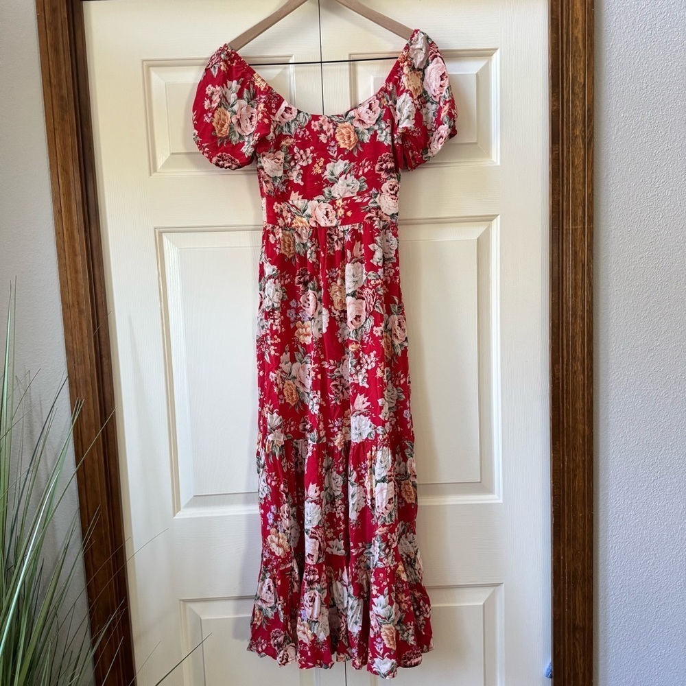 Auguste The Label Reverie Red Floral Print Tiered Puff Sleeve Midi Dress Size 0 - Picture 3 of 13